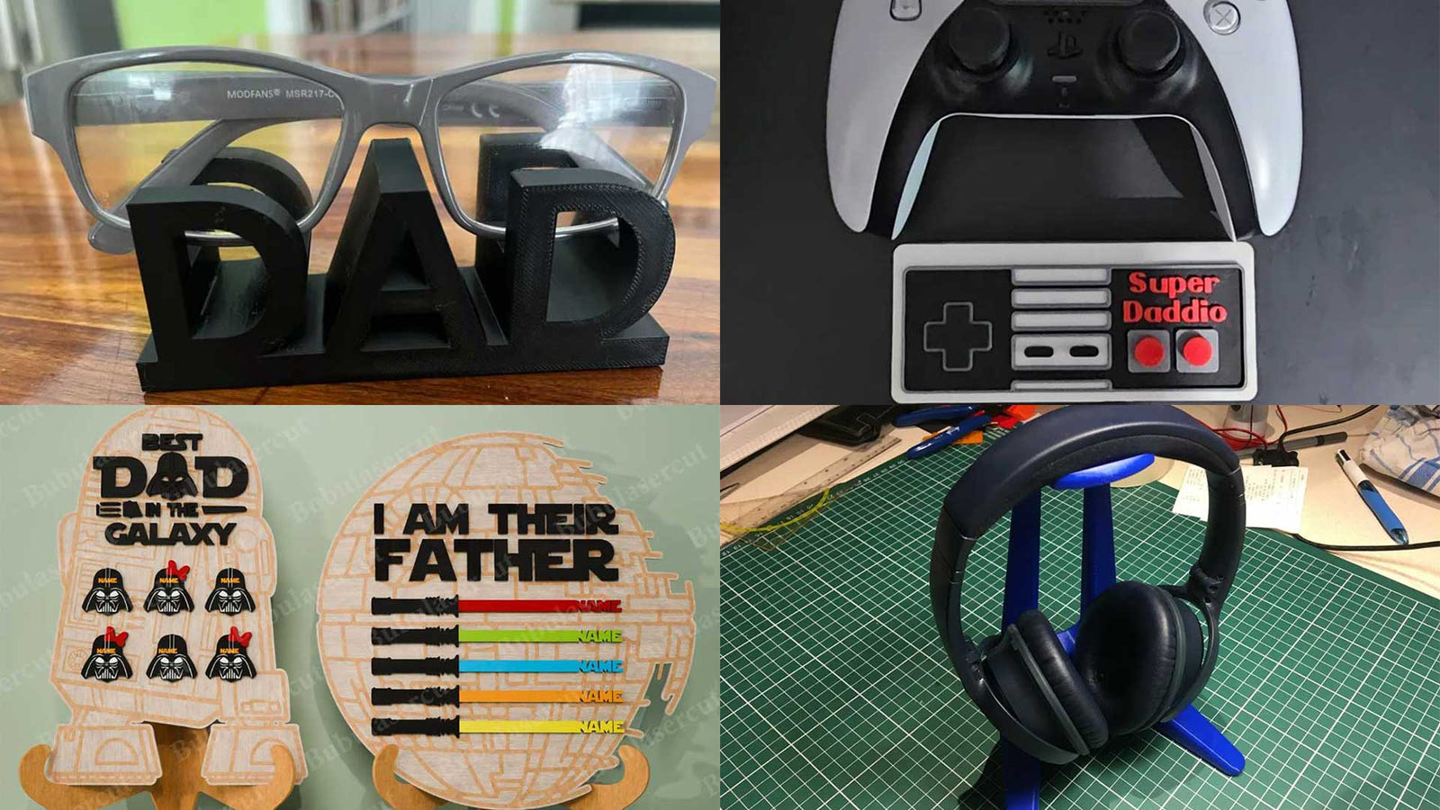 Various gifts for dads, including glasses, game controller, headset, and signs.