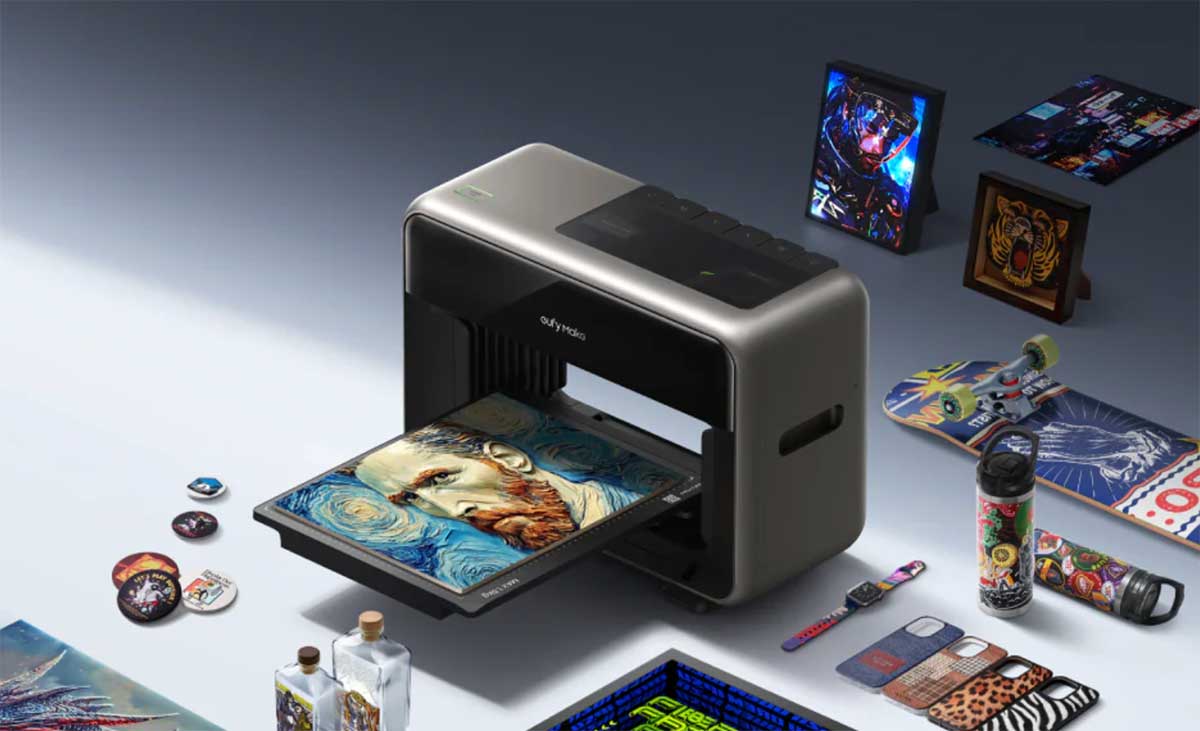 A printer producing colorful images surrounded by printed materials and items.
